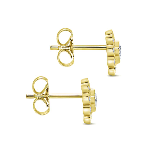 14K Yellow Gold Flower Diamond Stud Earrings