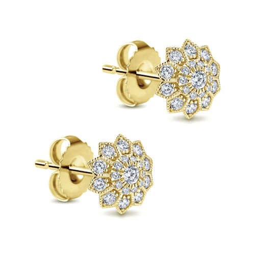 14K Yellow Gold Flower Diamond Stud Earrings
