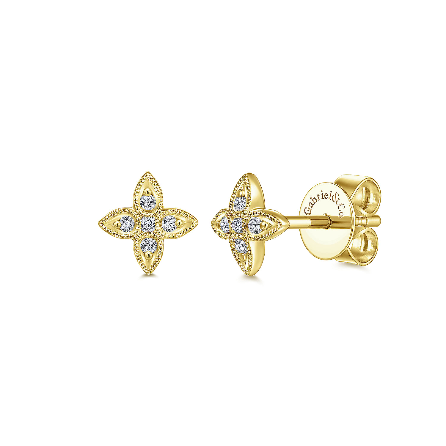 14K Yellow Gold Flower Diamond Stud Earrings