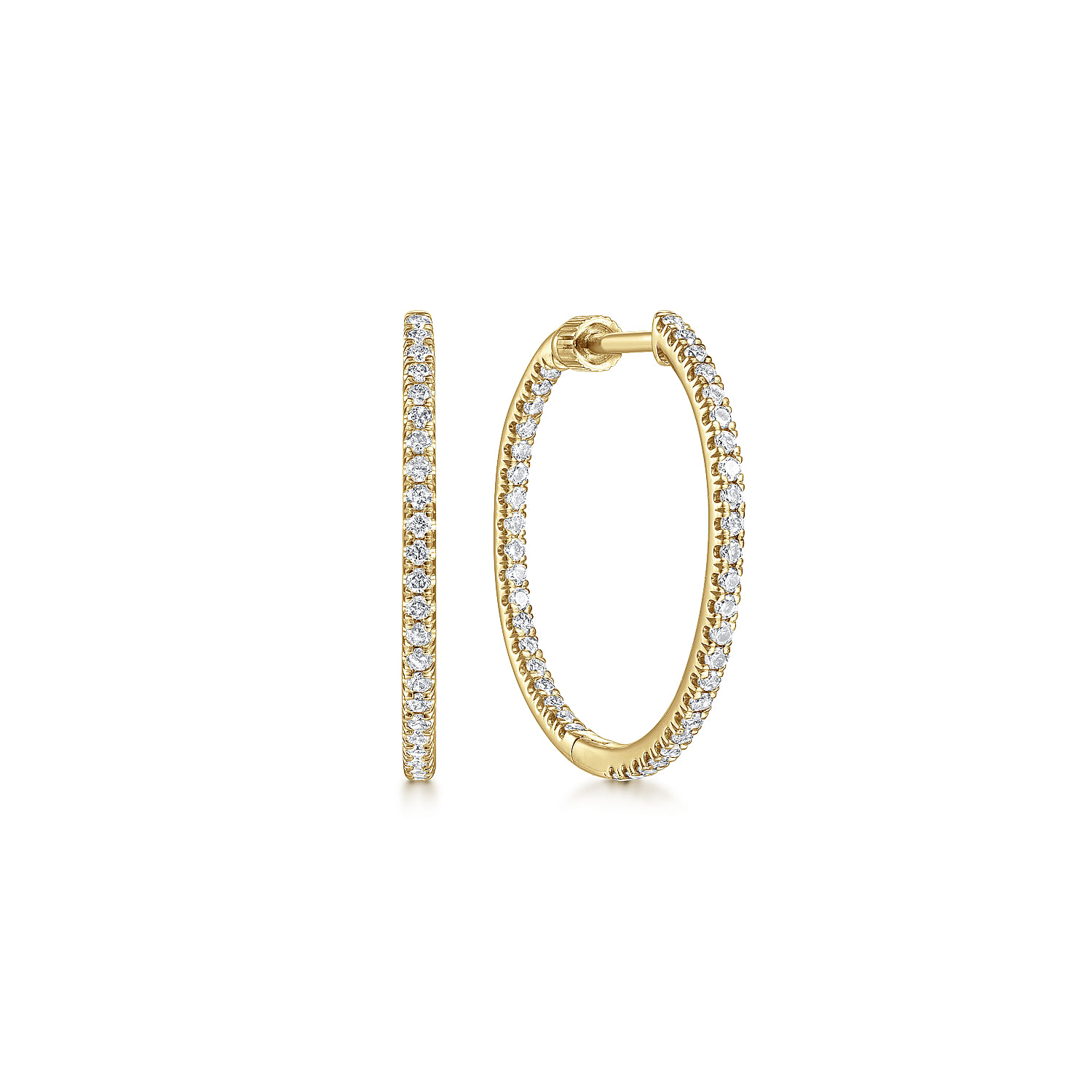 14K Yellow Gold French Pavé 20mm Round Inside Out Diamond Hoop Earrings