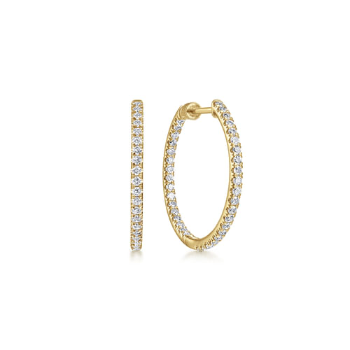 14K Yellow Gold French Pavé 20mm Round Inside Out Diamond Hoop Earrings