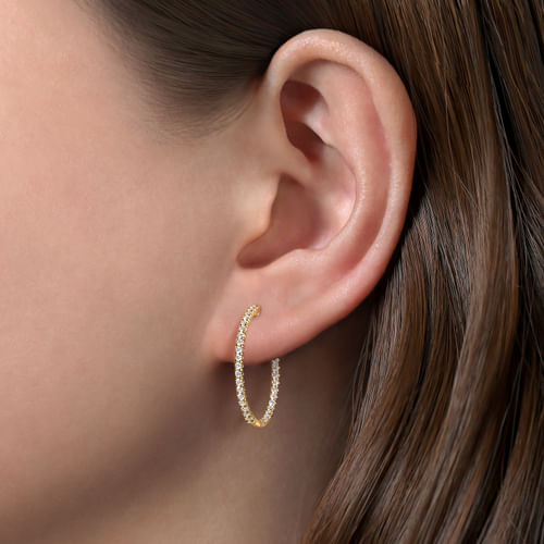 14K Yellow Gold French Pavé 20mm Round Inside Out Diamond Hoop Earrings