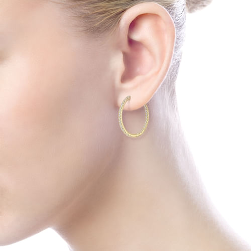 14K Yellow Gold French Pavé 20mm Round Inside Out Diamond Hoop Earrings