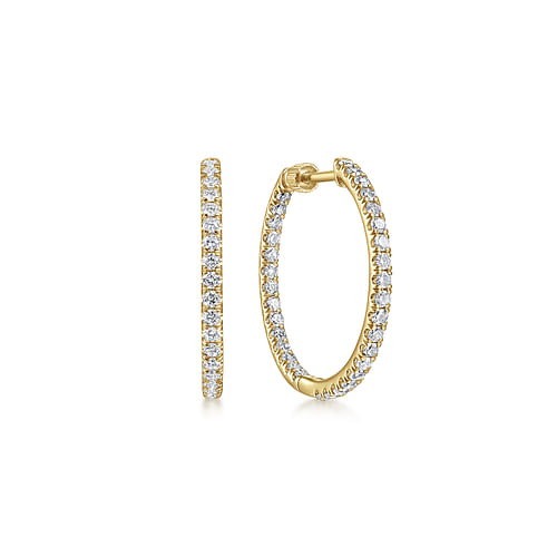 14K Yellow Gold French Pavé 20mm Round Inside Out Diamond Hoop Earrings