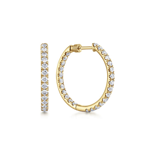 14K Yellow Gold French Pavé 20mm Round Inside Out Diamond Hoop Earrings