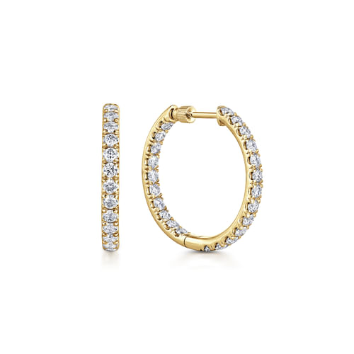 14K Yellow Gold French Pavé 20mm Round Inside Out Diamond Hoop Earrings