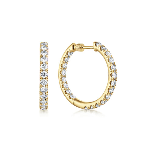 14K Yellow Gold French Pavé 20mm Round Inside Out Diamond Hoop Earrings