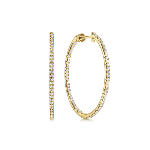 14K Yellow Gold French Pavé 30mm Round Inside Out Diamond Hoop Earrings