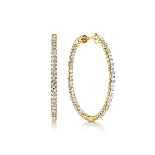 14K Yellow Gold French Pavé 30mm Round Inside Out Diamond Hoop Earrings
