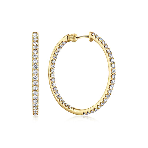 14K Yellow Gold French Pavé 30mm Round Inside Out Diamond Hoop Earrings