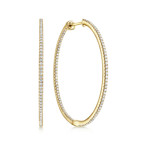 14K Yellow Gold French Pavé 40mm Round Inside Out Diamond Hoop Earrings