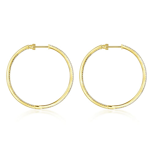 14K Yellow Gold French Pavé 40mm Round Inside Out Diamond Hoop Earrings