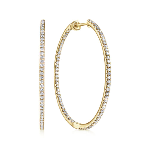 14K Yellow Gold French Pavé 40mm Round Inside Out Diamond Hoop Earrings