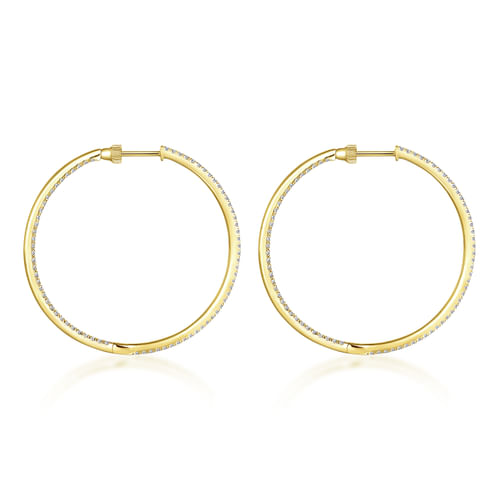 14K Yellow Gold French Pavé 40mm Round Inside Out Diamond Hoop Earrings