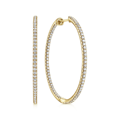 14K Yellow Gold French Pavé 40mm Round Inside Out Diamond Hoop Earrings