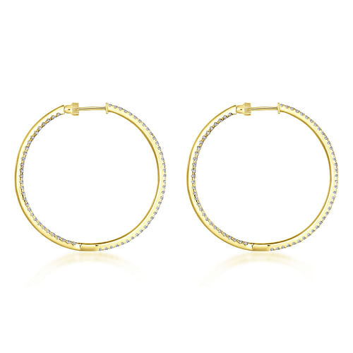 14K Yellow Gold French Pavé 40mm Round Inside Out Diamond Hoop Earrings