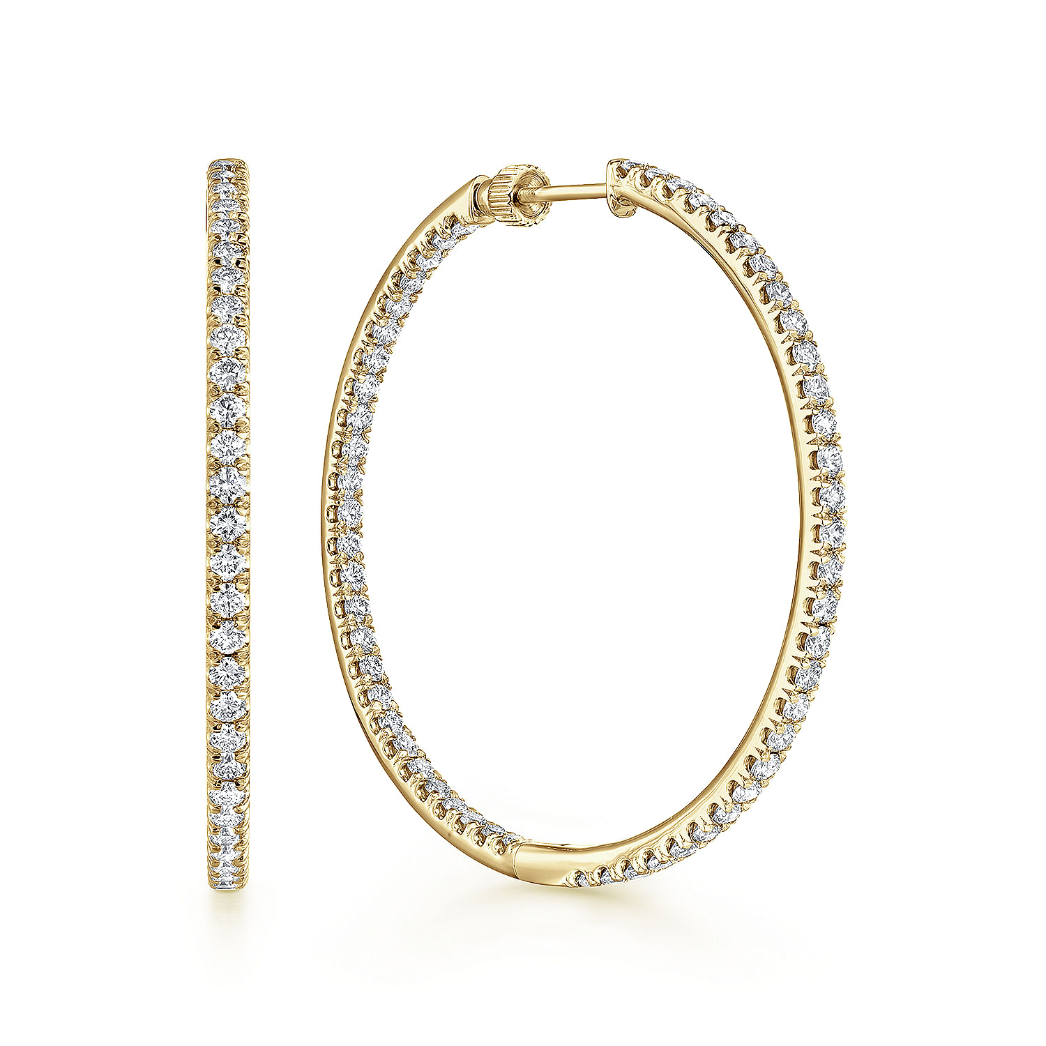 14K Yellow Gold French Pavé 40mm Round Inside Out Diamond Hoop Earrings
