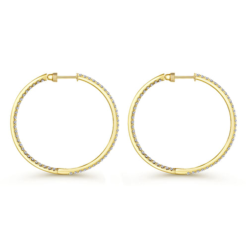 14K Yellow Gold French Pavé 40mm Round Inside Out Diamond Hoop Earrings