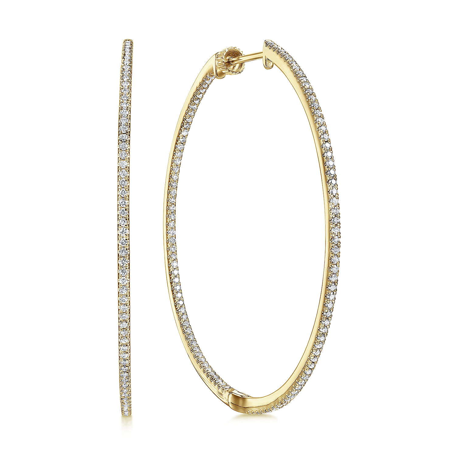 14K Yellow Gold French Pavé 50mm Round Inside Out Diamond Classic Hoop Earrings