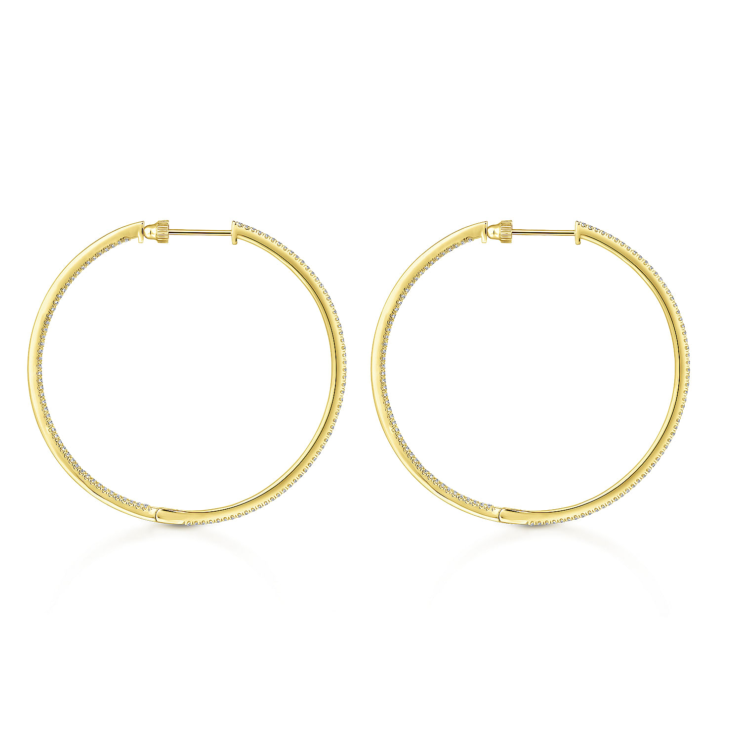 14K Yellow Gold French Pavé 50mm Round Inside Out Diamond Classic Hoop Earrings