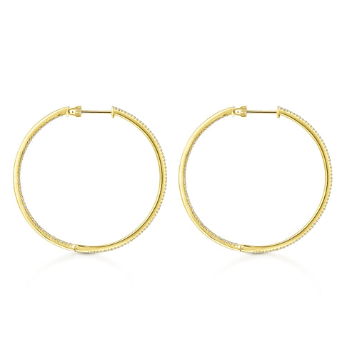 14K Yellow Gold French Pavé 50mm Round Inside Out Diamond Classic Hoop Earrings