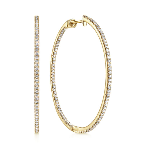 14K Yellow Gold French Pavé 50mm Round Inside Out Diamond Hoop Earrings