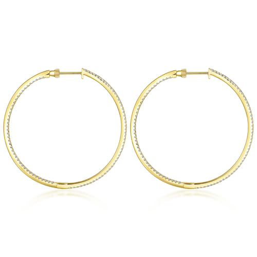 14K Yellow Gold French Pavé 50mm Round Inside Out Diamond Hoop Earrings