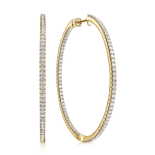 14K Yellow Gold French Pavé 50mm Round Inside Out Diamond Hoop Earrings