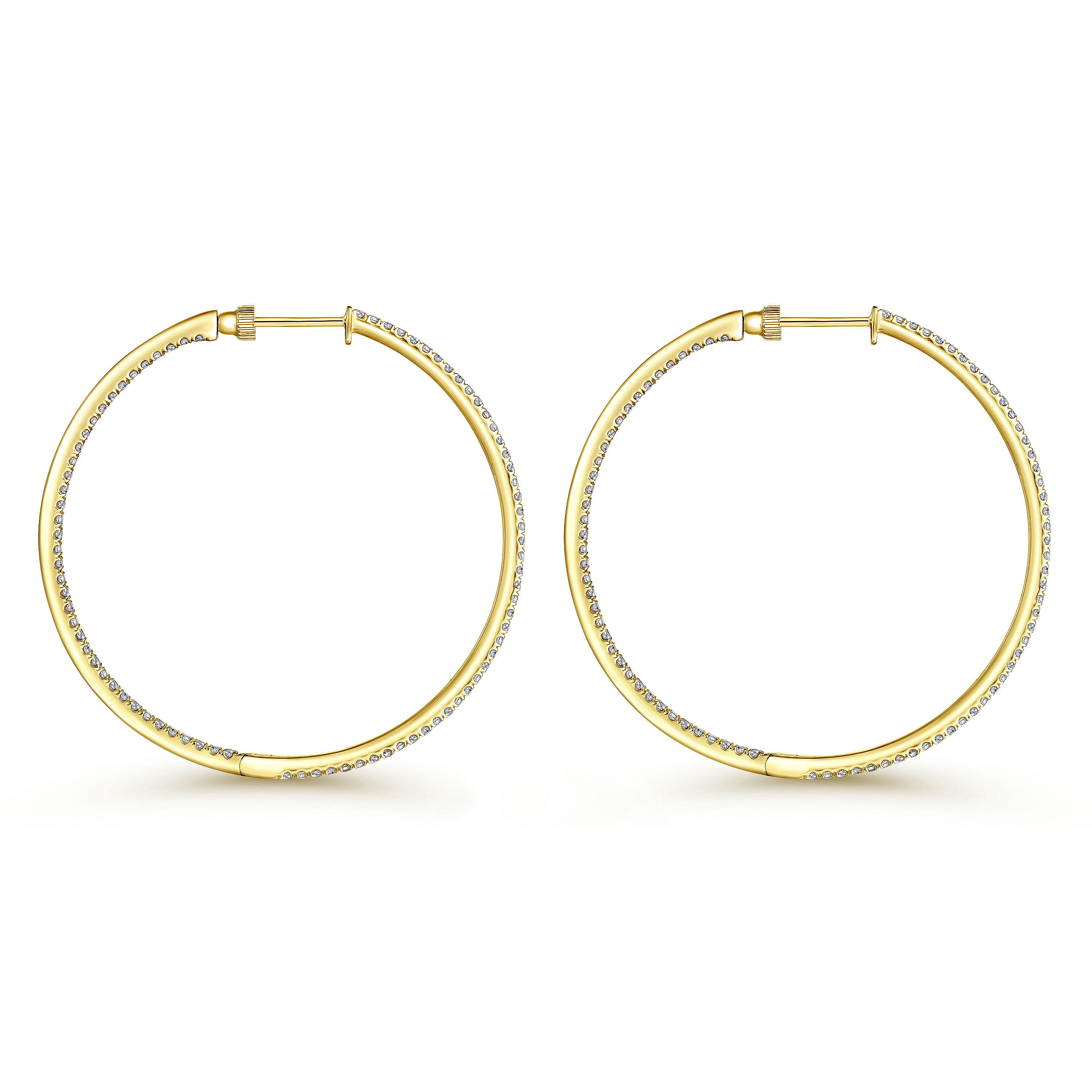 14K Yellow Gold French Pavé 50mm Round Inside Out Diamond Hoop Earrings