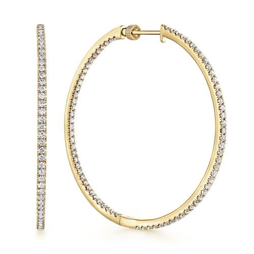 14K Yellow Gold French Pavé 50mm Round Inside Out Diamond Hoop Earrings