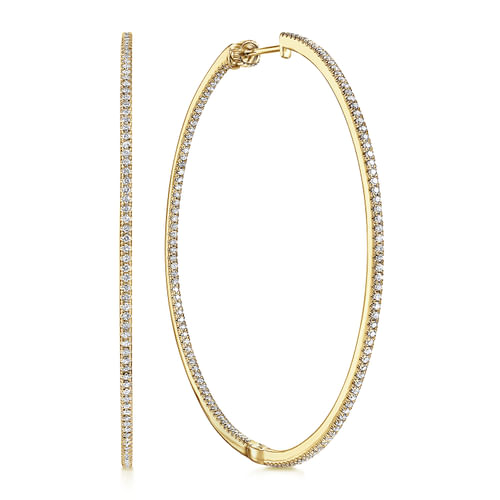 14K Yellow Gold French Pavé 60mm Round Inside Out Diamond Classic Hoop Earrings