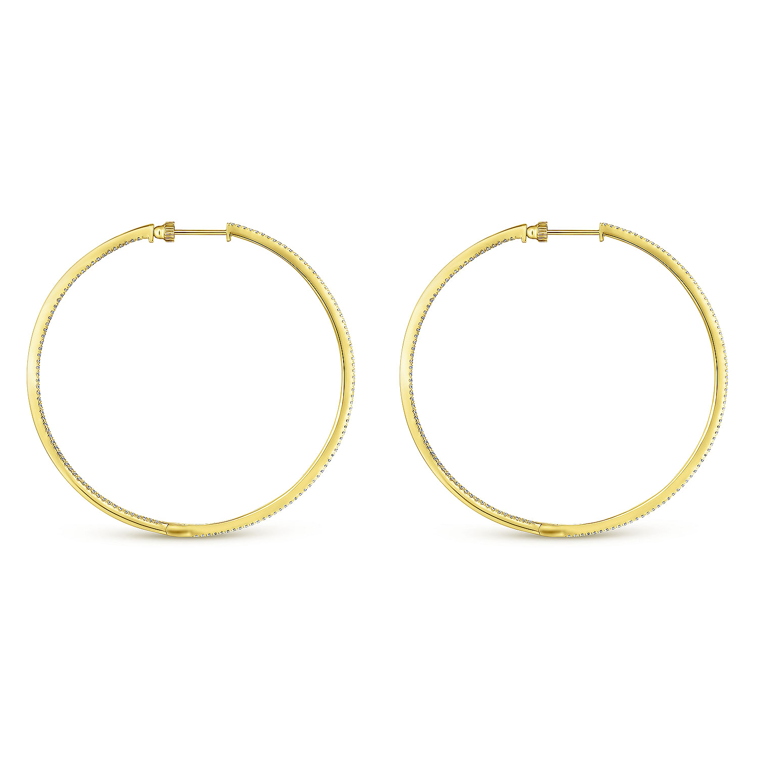 14K Yellow Gold French Pavé 60mm Round Inside Out Diamond Classic Hoop Earrings