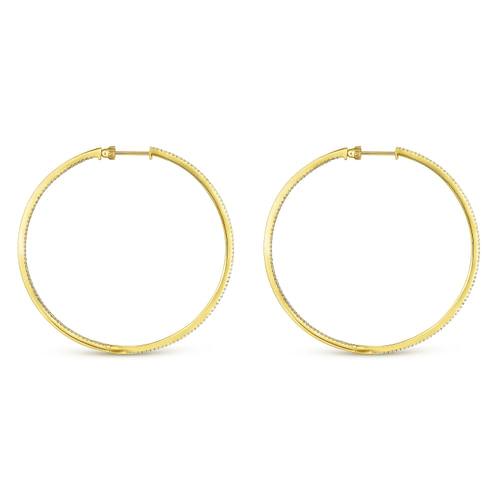 14K Yellow Gold French Pavé 60mm Round Inside Out Diamond Classic Hoop Earrings