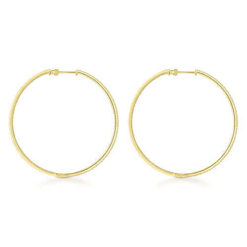 14K Yellow Gold French Pavé 60mm Round Inside Out Diamond Classic Hoop Earrings