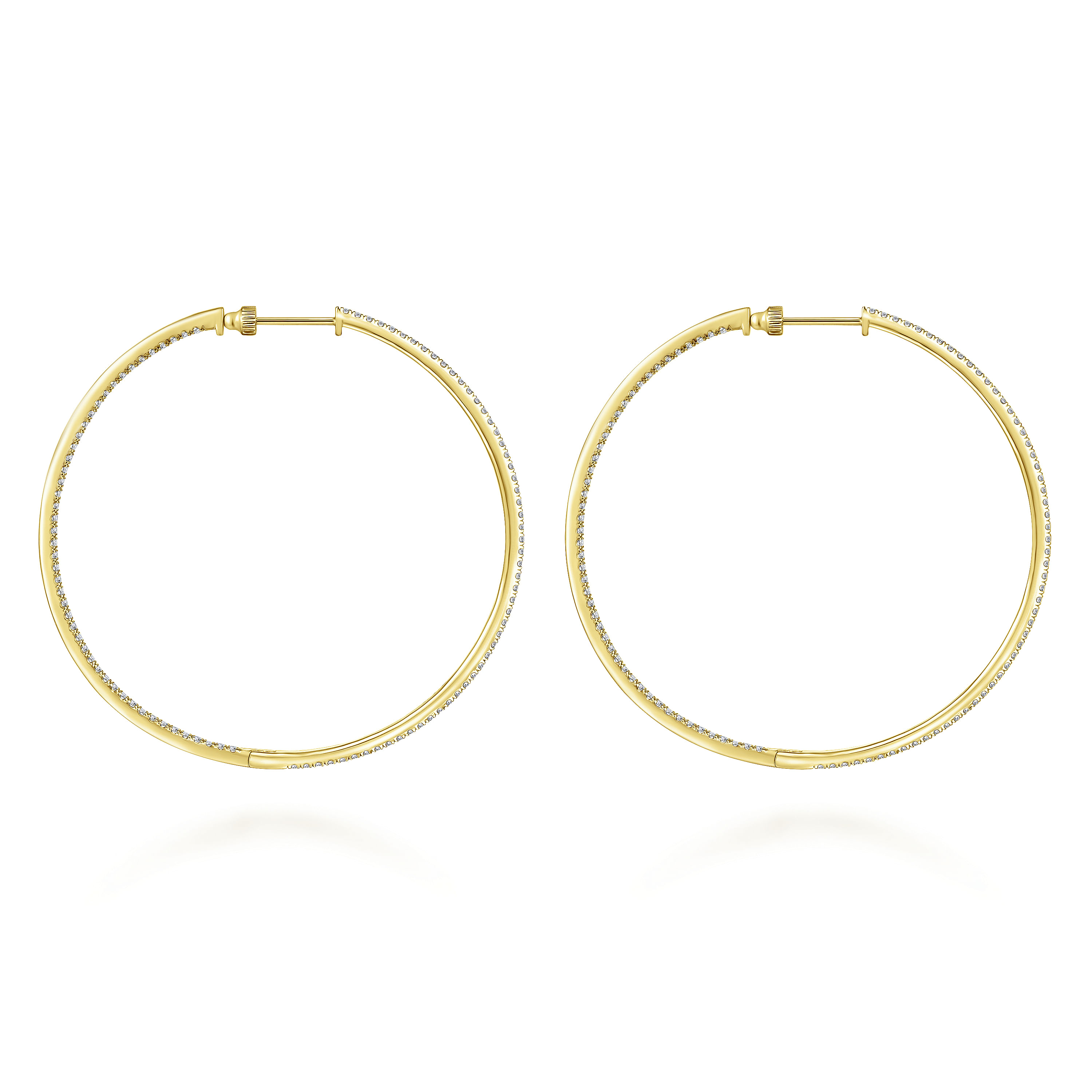 14K Yellow Gold French Pavé 60mm Round Inside Out Diamond Classic Hoop Earrings
