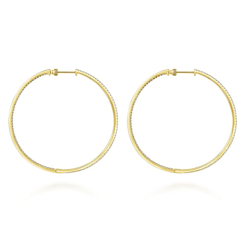 14K Yellow Gold French Pavé 60mm Round Inside Out Diamond Classic Hoop Earrings