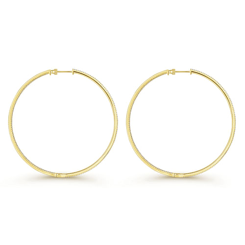 14K Yellow Gold French Pavé 70mm Round Inside Out Diamond Classic Hoop Earrings