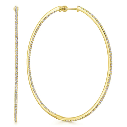 14K Yellow Gold French Pavé 70mm Round Inside Out Diamond Classic Hoop Earrings