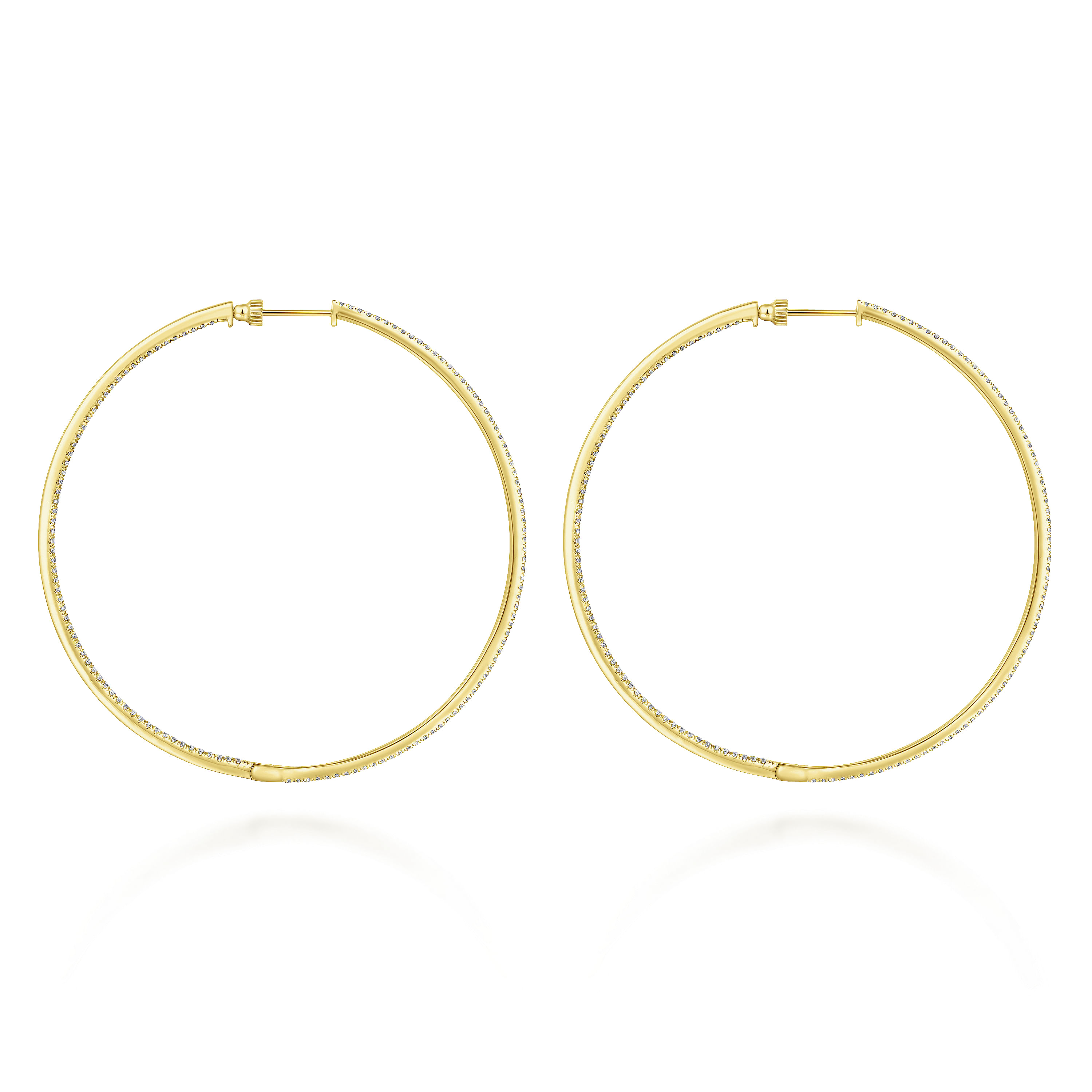 14K Yellow Gold French Pavé 70mm Round Inside Out Diamond Classic Hoop Earrings