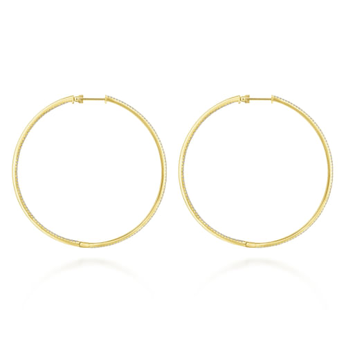 14K Yellow Gold French Pavé 70mm Round Inside Out Diamond Classic Hoop Earrings