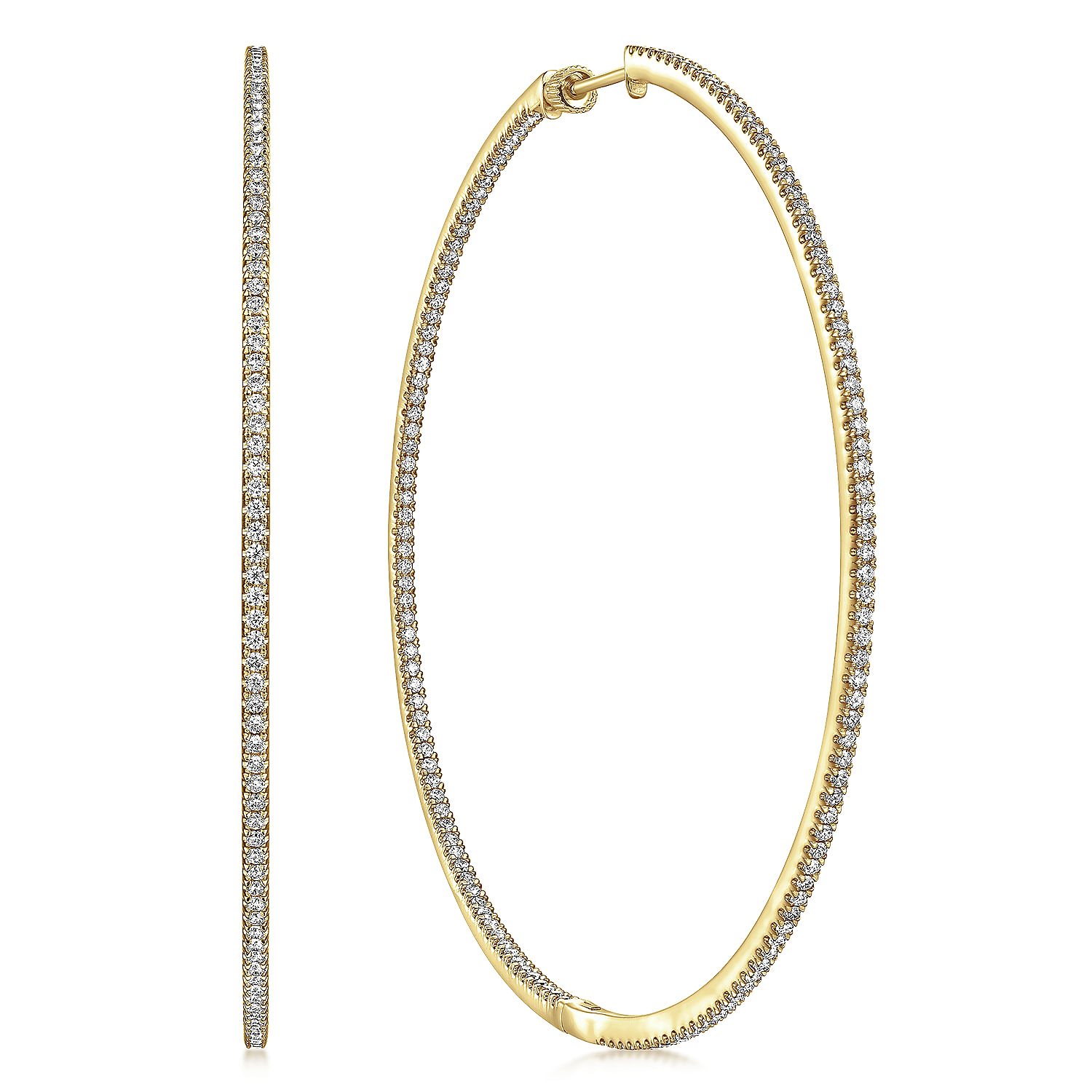 14K Yellow Gold French Pavé 80mm Round Inside Out Diamond Hoop Earrings