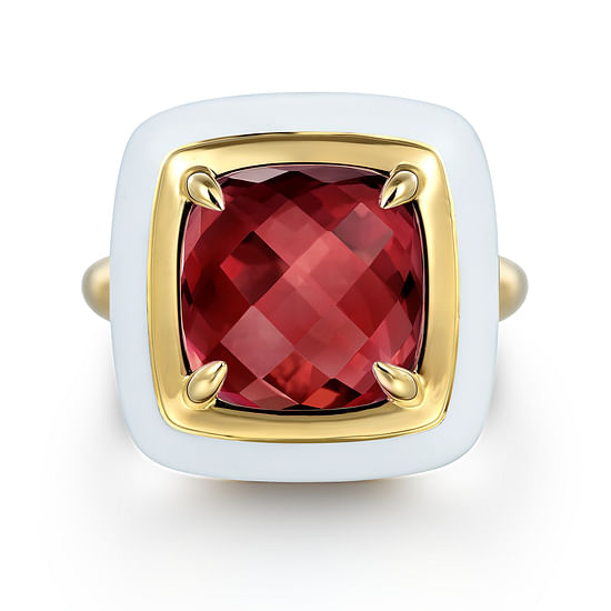 Gabriel - 14K Yellow Gold Garnet Cushion Cut Ladies Ring With Flower Pattern J-Back and White Enamel