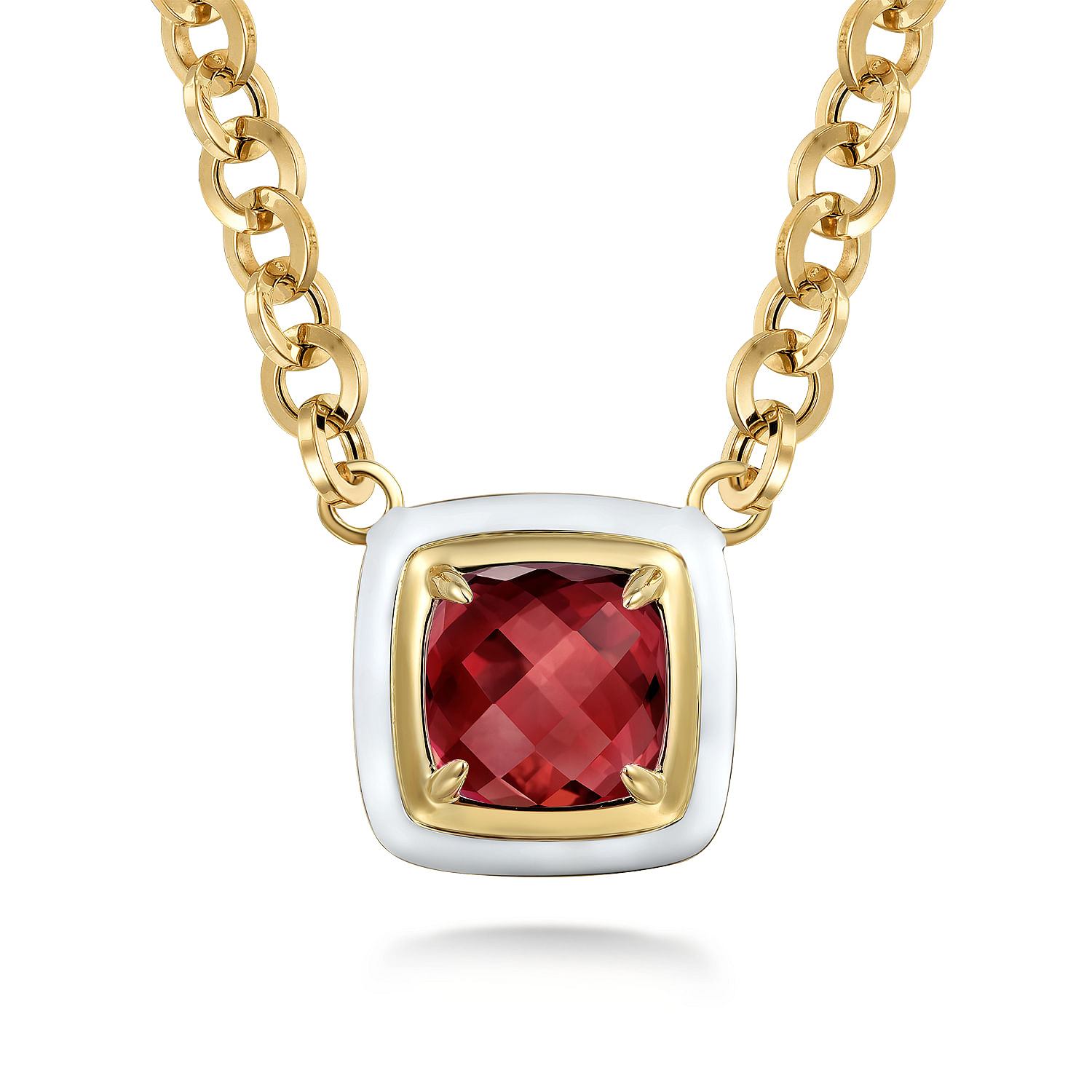 14K Yellow Gold Garnet Cushion Cut Necklace With Flower Pattern J-Back and White Enamel