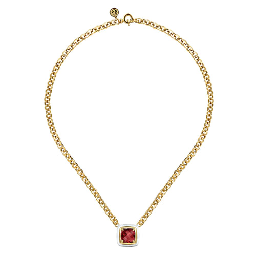 14K Yellow Gold Garnet Cushion Cut Necklace With Flower Pattern J-Back and White Enamel