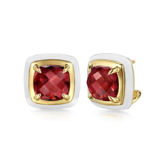 Gabriel - 14K Yellow Gold Garnet Earrings with White Enamel