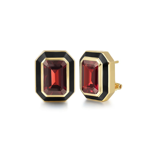 14K Yellow Gold Garnet Emerald Cut Earrings With Flower Pattern J-Back and Black Enamel