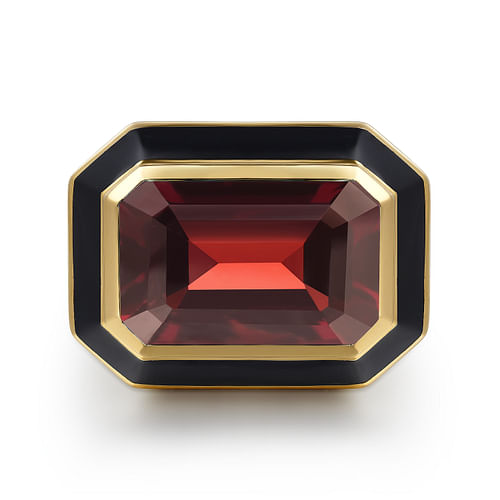 14K Yellow Gold Garnet Emerald Cut Ladies Ring With Flower Pattern J-Back and Black Enamel