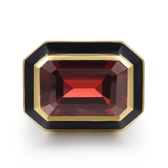 Gabriel - 14K Yellow Gold Garnet Emerald Cut Ladies Ring With Flower Pattern J-Back and Black Enamel