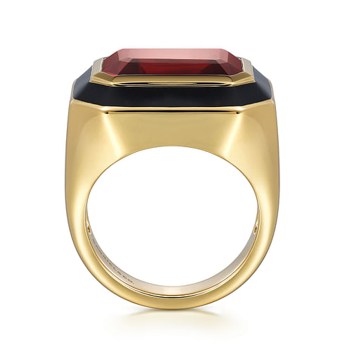 14K Yellow Gold Garnet Emerald Cut Ladies Ring With Flower Pattern J-Back and Black Enamel