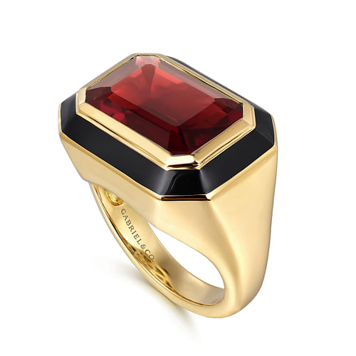 14K Yellow Gold Garnet Emerald Cut Ladies Ring With Flower Pattern J-Back and Black Enamel